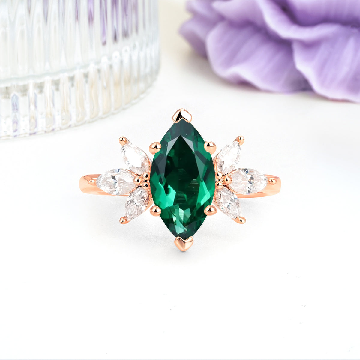 Large Marquise Center Solitaire Symmetric Three Marquise Cut Side PetalEmerald Engagement Ring - Additional view