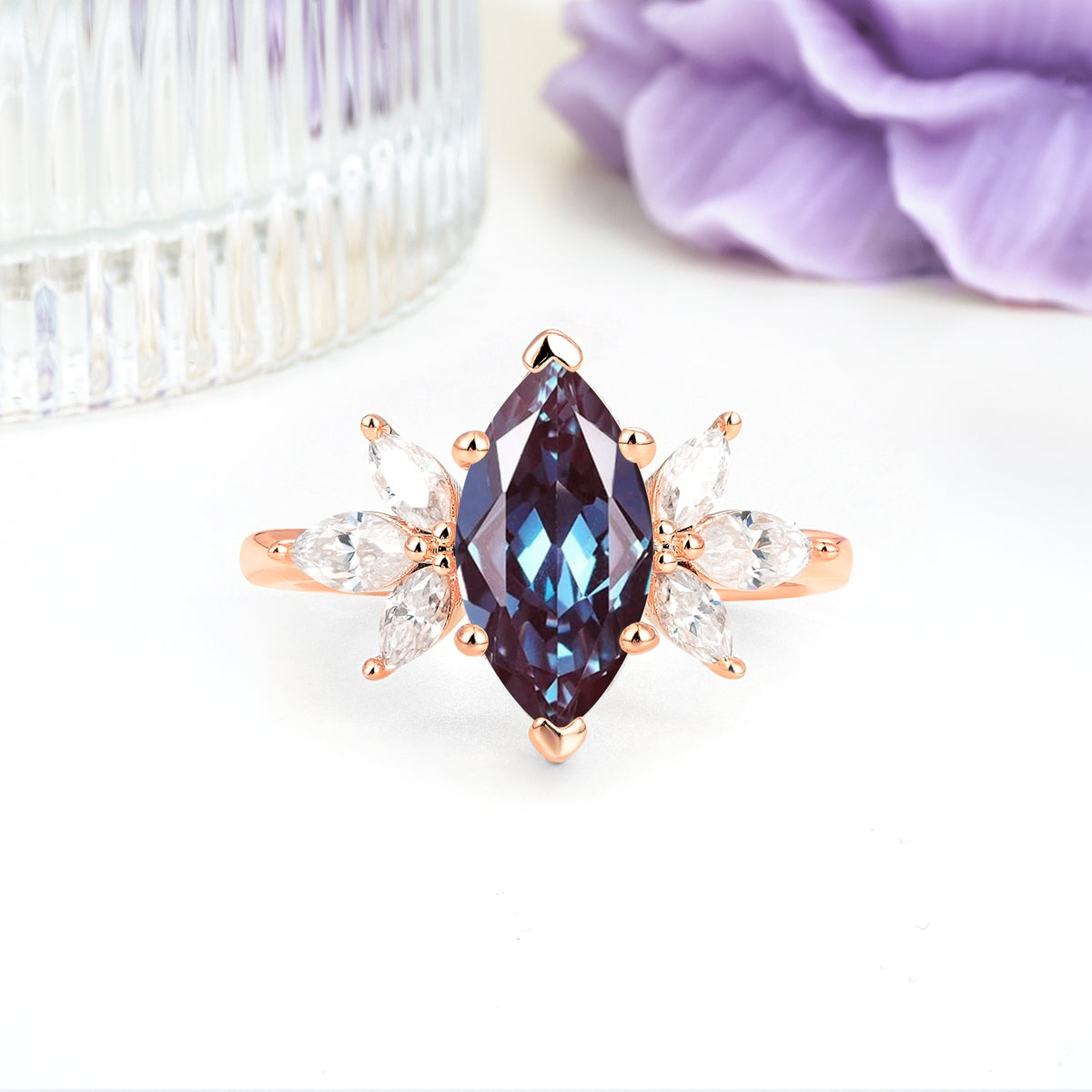 Large Marquise Center Solitaire Symmetric Three Marquise Cut Side PetalAlexandrite Engagement Ring - Additional view