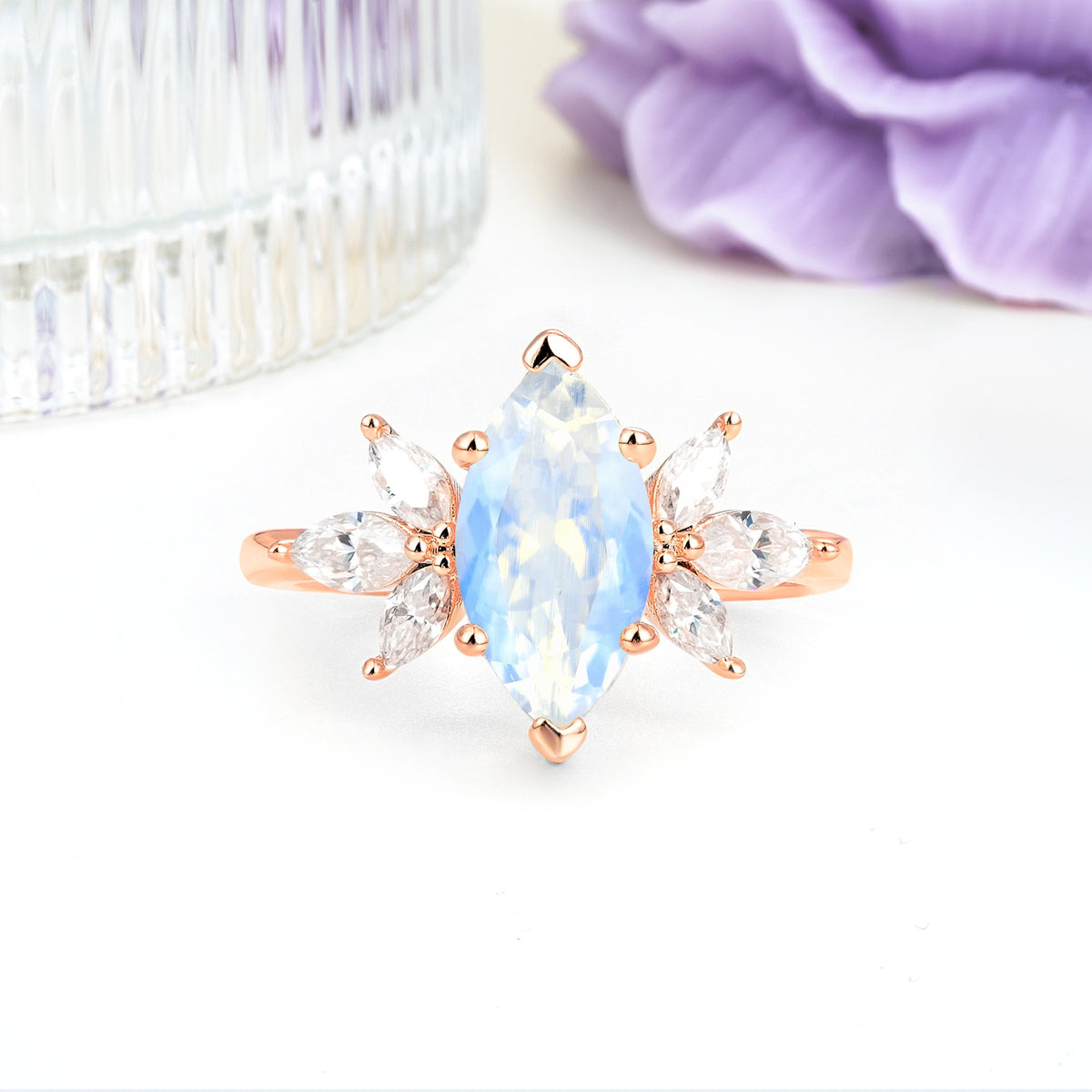 Large Marquise Center Solitaire Symmetric Three Marquise Cut Side PetalMoonstone Engagement Ring - Additional view