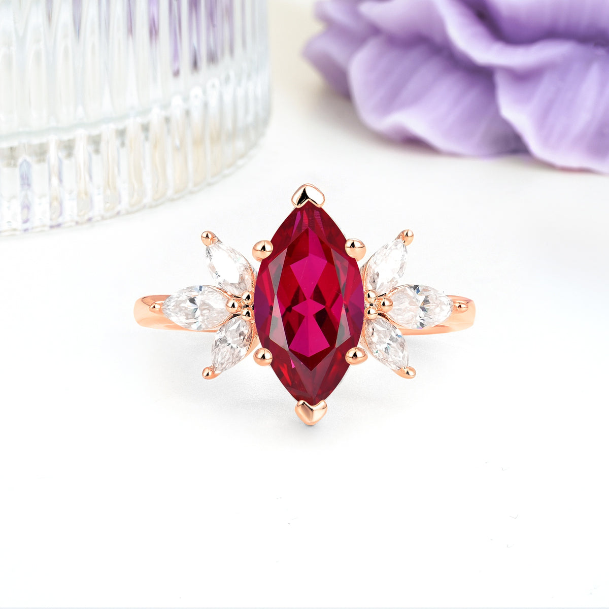 Large Marquise Center Solitaire Symmetric Three Marquise Cut Side PetalRuby Engagement Ring - Additional view