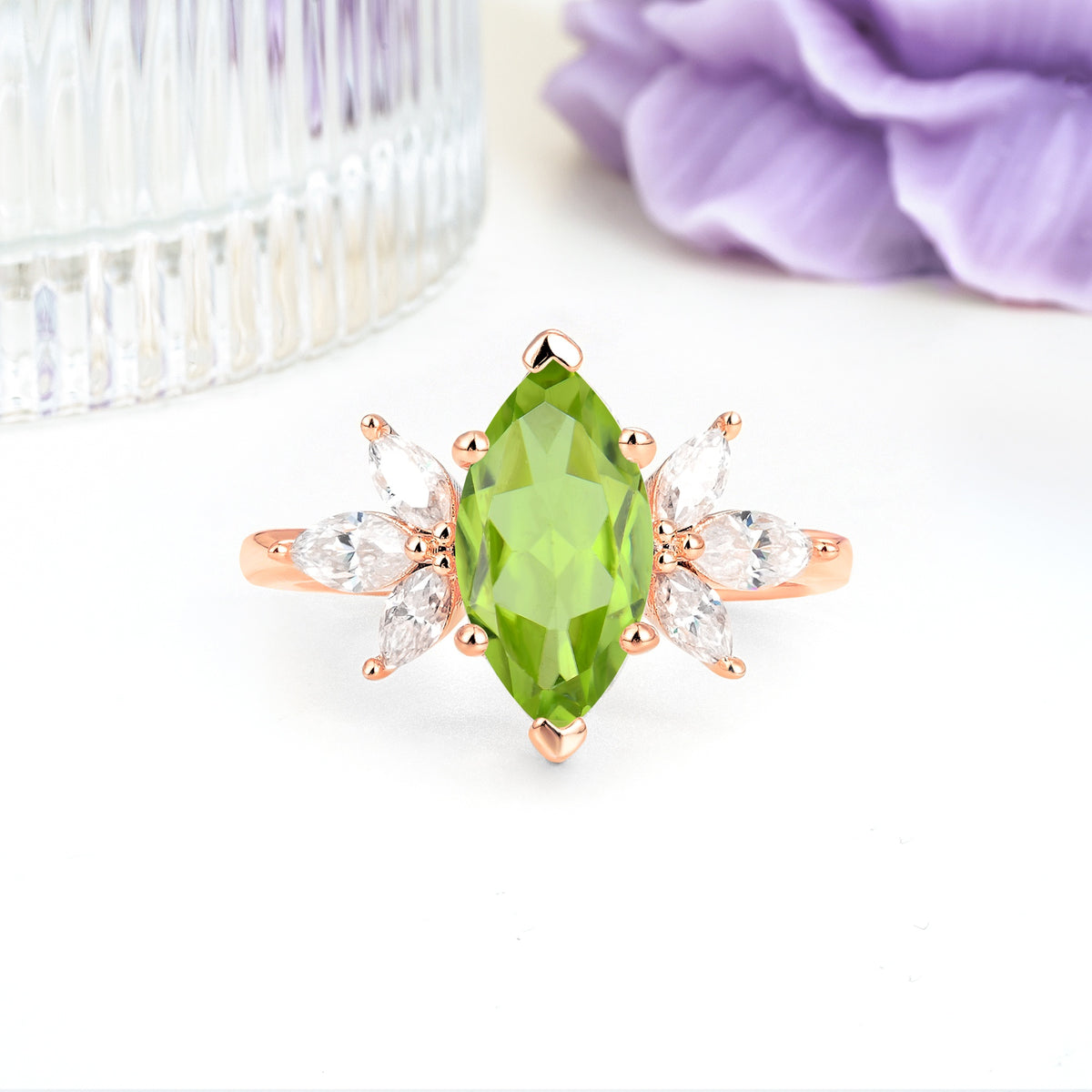 Large Marquise Center Solitaire Symmetric Three Marquise Cut Side PetalPeridot Engagement Ring - Additional view