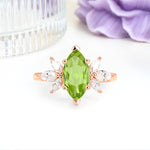 Large Marquise Center Solitaire Symmetric Three Marquise Cut Side PetalPeridot Engagement Ring - Additional view