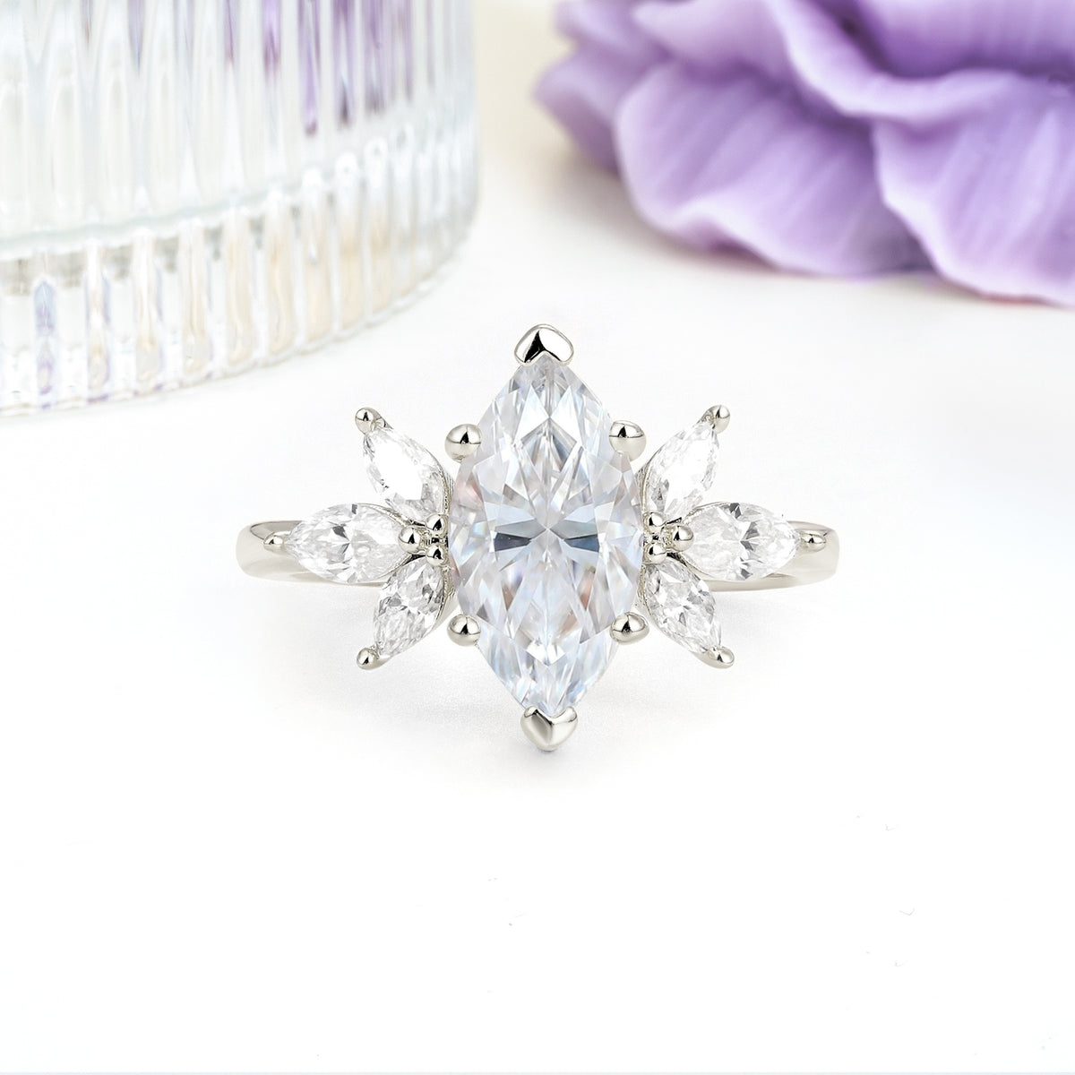 Large Marquise Center Solitaire Symmetric Three Marquise Cut Side PetalMoissanite Engagement Ring - Additional view