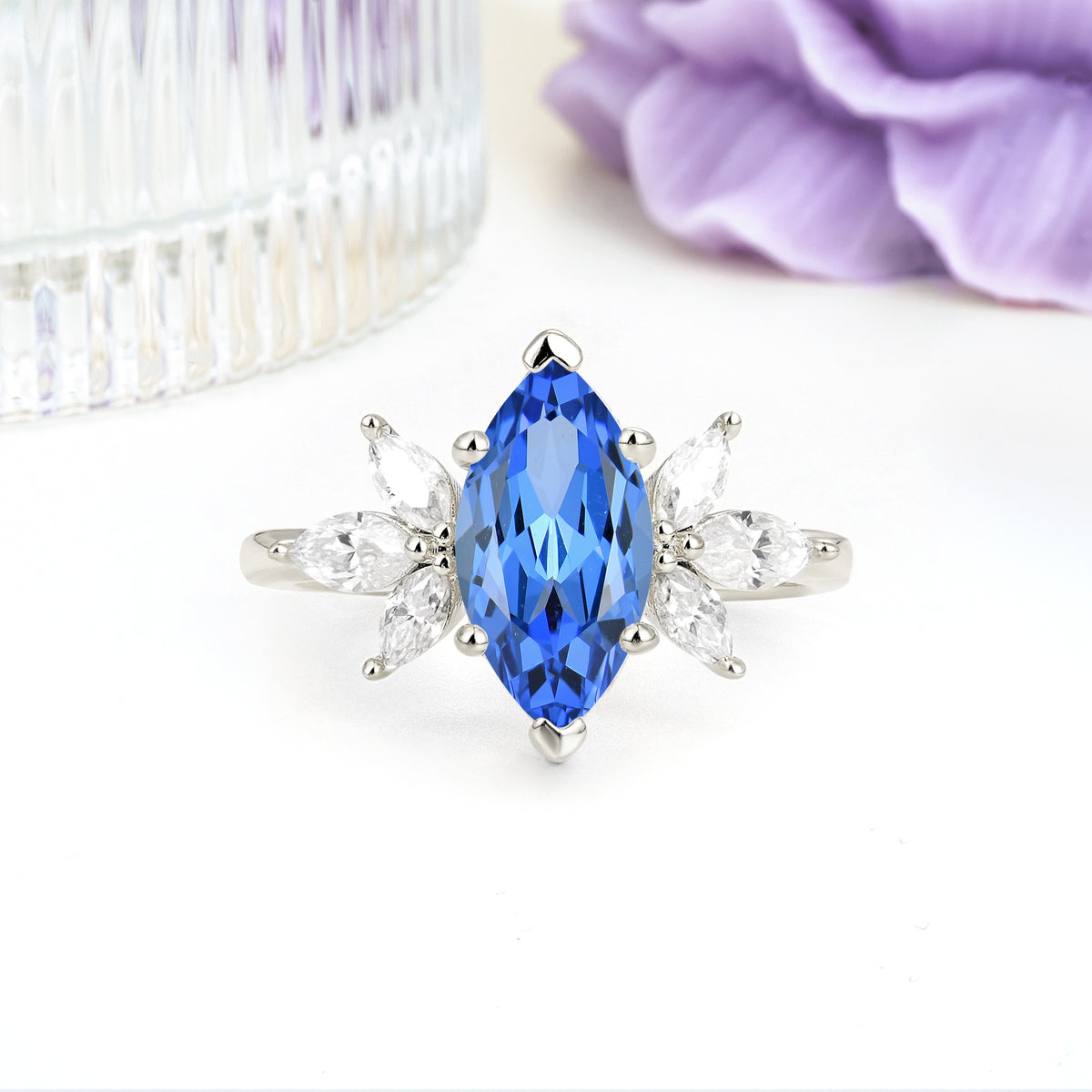 Large Marquise Center Solitaire Symmetric Three Marquise Cut Side PetalSapphire Engagement Ring - Additional view