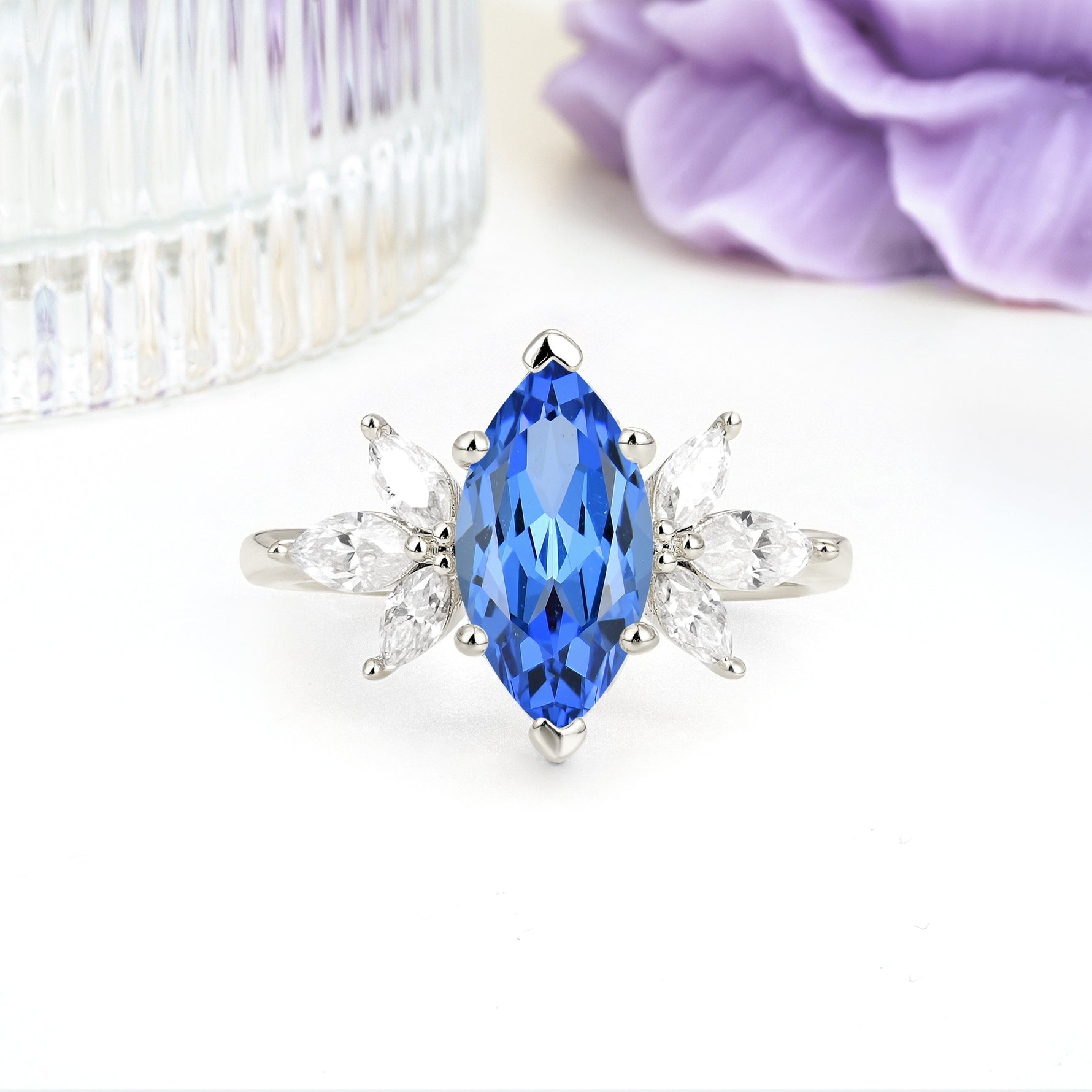 Large Marquise Center Solitaire Symmetric Three Marquise Cut Side PetalSapphire Engagement Ring - Additional view