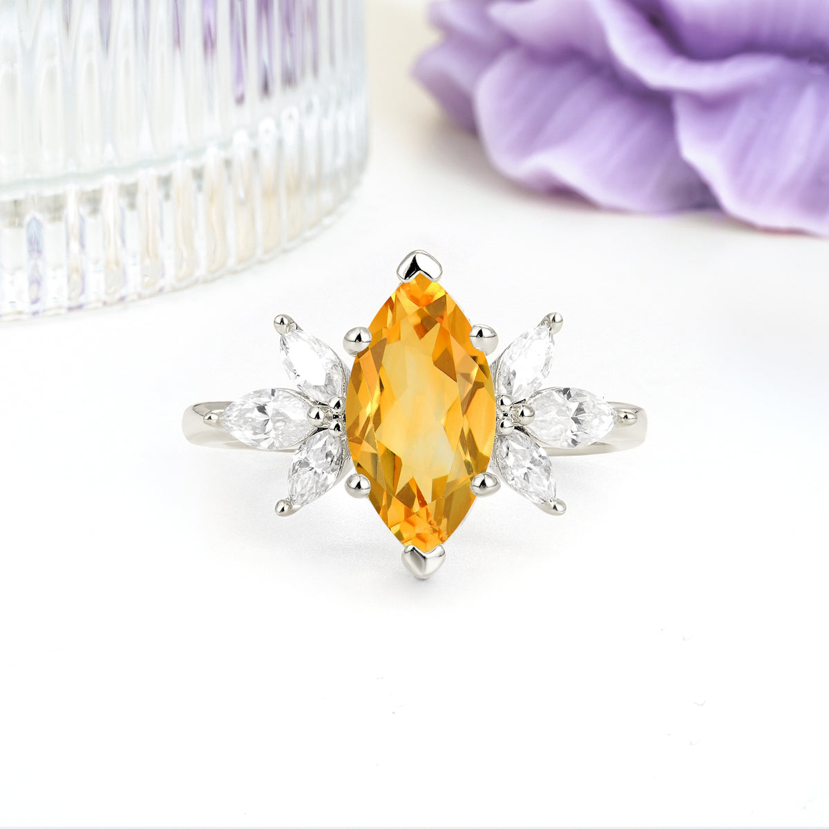 Large Marquise Center Solitaire Symmetric Three Marquise Cut Side PetalCitrine Engagement Ring - Additional view