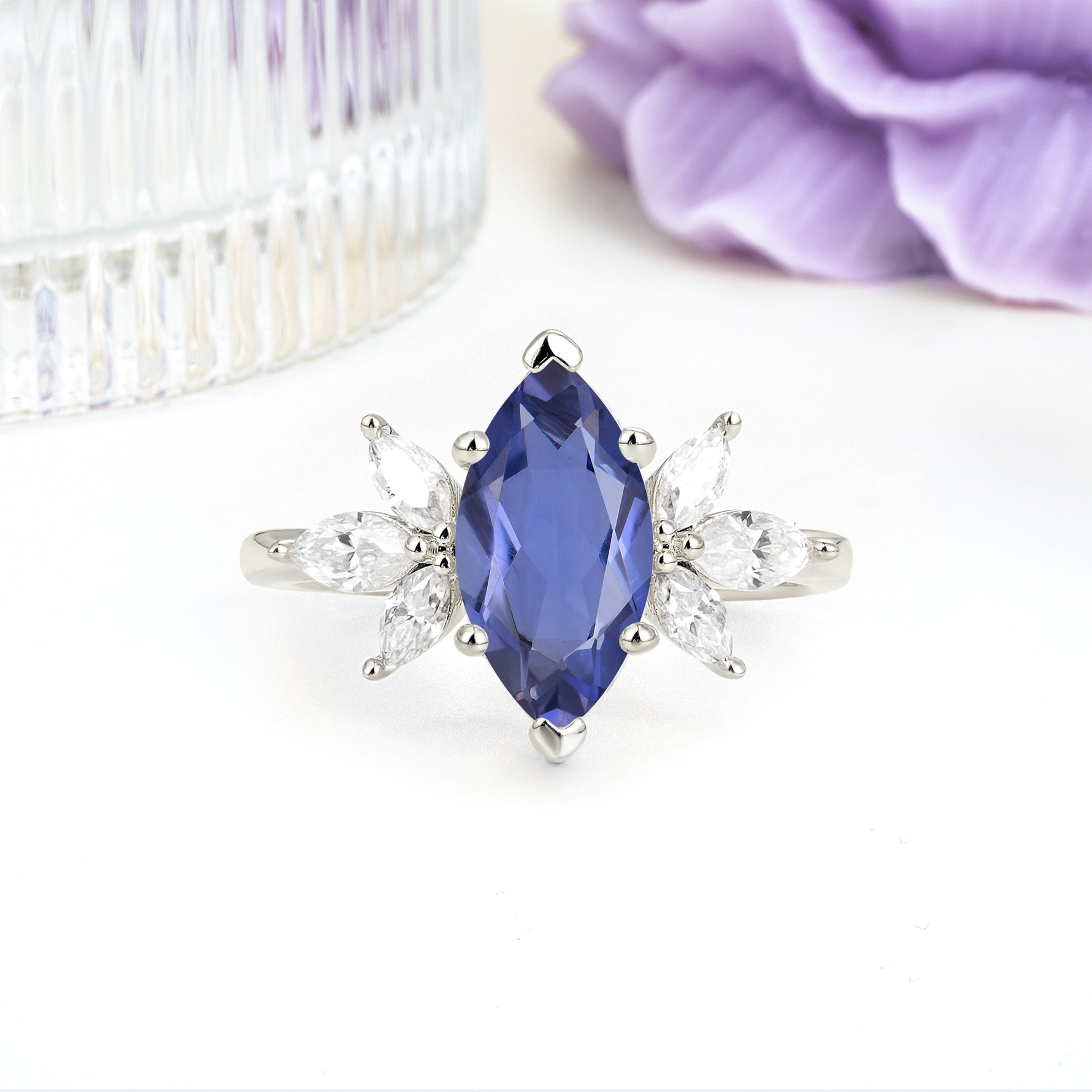 Large Marquise Center Solitaire Symmetric Three Marquise Cut Side PetalTanzanite Engagement Ring - Additional view