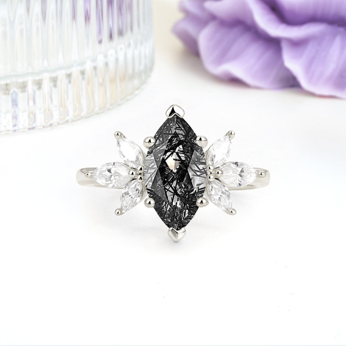 Large Marquise Center Solitaire Symmetric Three Marquise Cut Side PetalBlack Rutilated Quartz Engagement Ring - Additional view