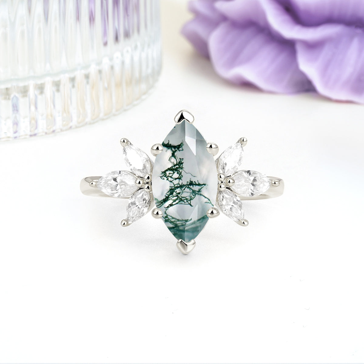 Large Marquise Center Solitaire Symmetric Three Marquise Cut Side PetalMoss Agate Engagement Ring - Additional view