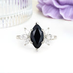 Large Marquise Center Solitaire Symmetric Three Marquise Cut Side PetalBlack Onyx Engagement Ring - Additional view