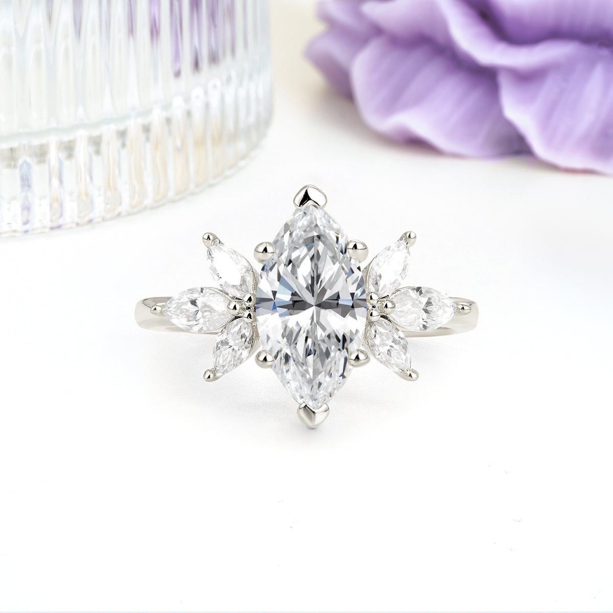 Large Marquise Center Solitaire Symmetric Three Marquise Cut Side PetalLab Diamond Engagement Ring - Additional view