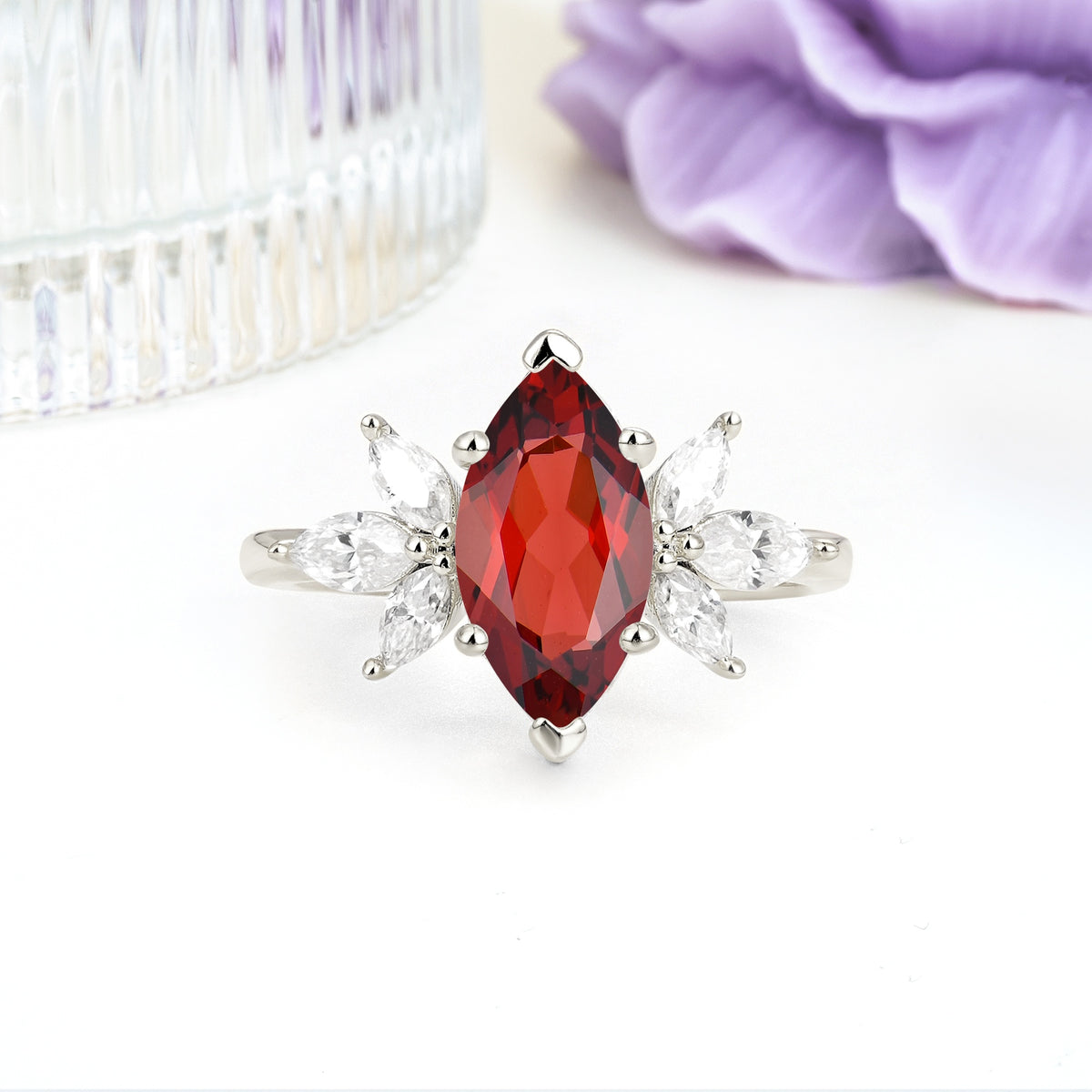 Large Marquise Center Solitaire Symmetric Three Marquise Cut Side PetalGarnet Engagement Ring - Additional view