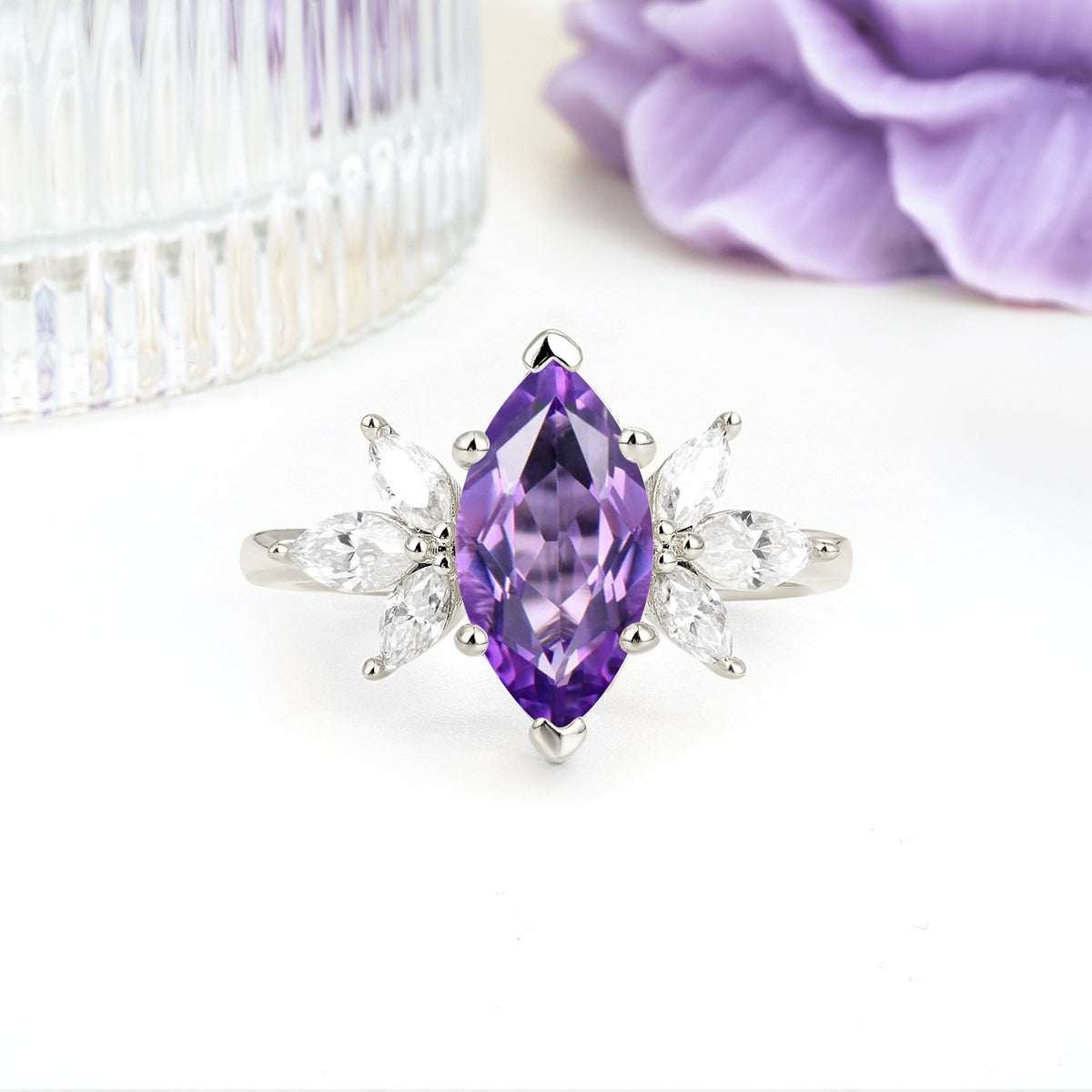 Large Marquise Center Solitaire Symmetric Three Marquise Cut Side PetalAmethyst Engagement Ring - Additional view