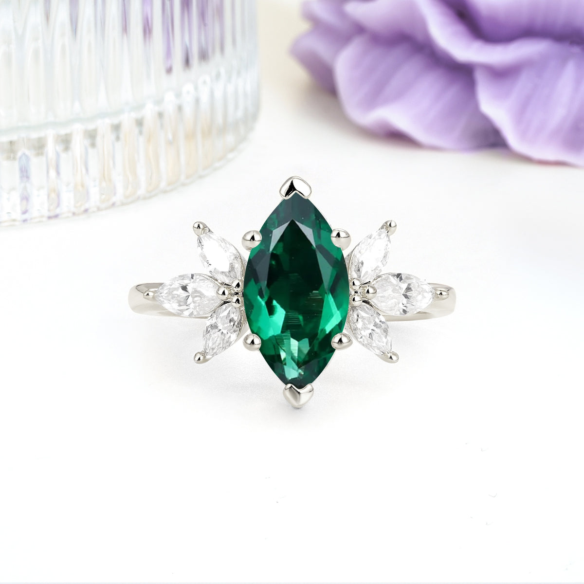 Large Marquise Center Solitaire Symmetric Three Marquise Cut Side PetalEmerald Engagement Ring - Additional view