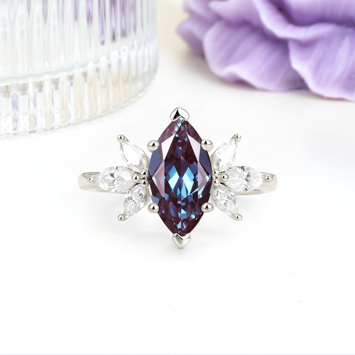 Large Marquise Center Solitaire Symmetric Three Marquise Cut Side PetalAlexandrite Engagement Ring - Additional view
