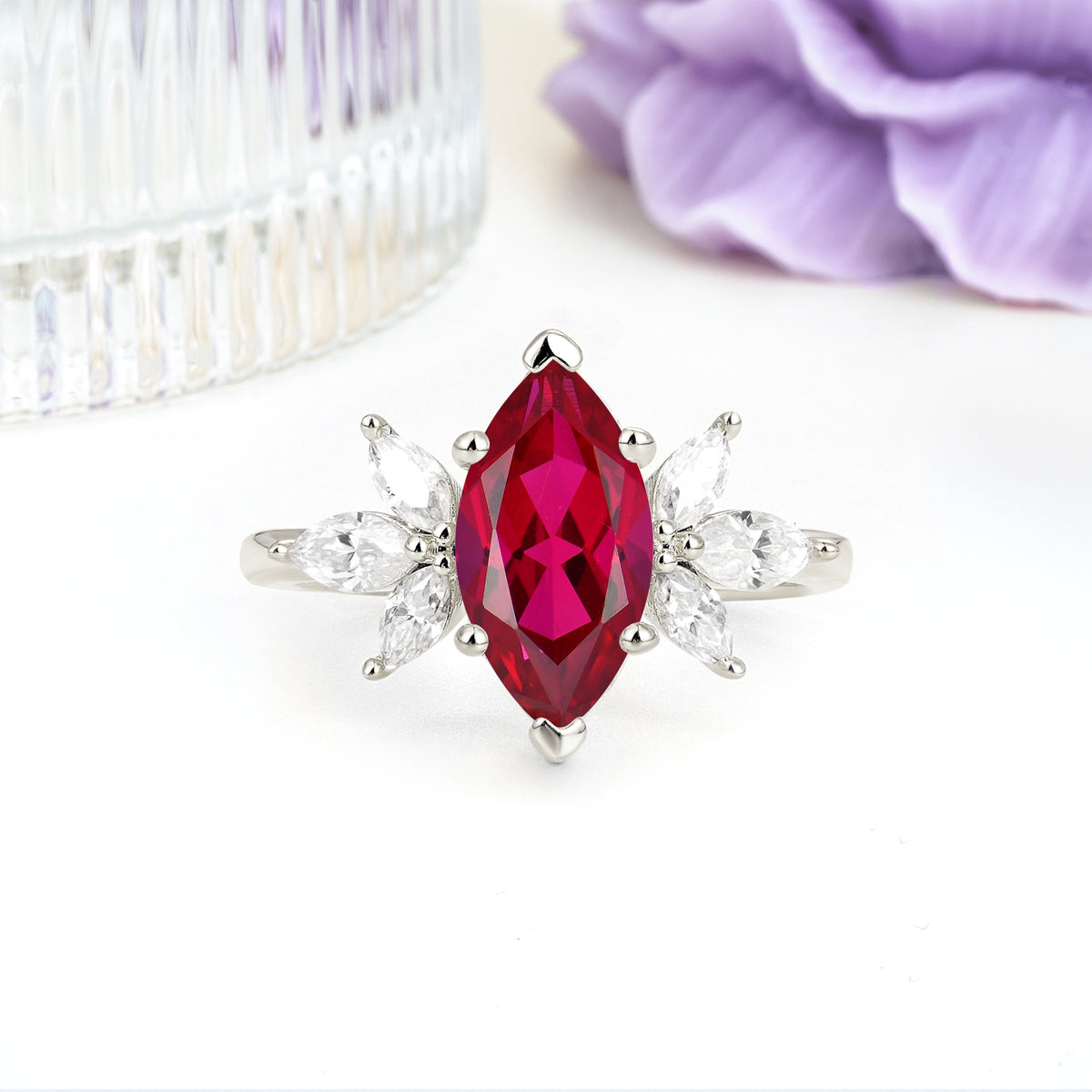 Large Marquise Center Solitaire Symmetric Three Marquise Cut Side PetalRuby Engagement Ring - Additional view