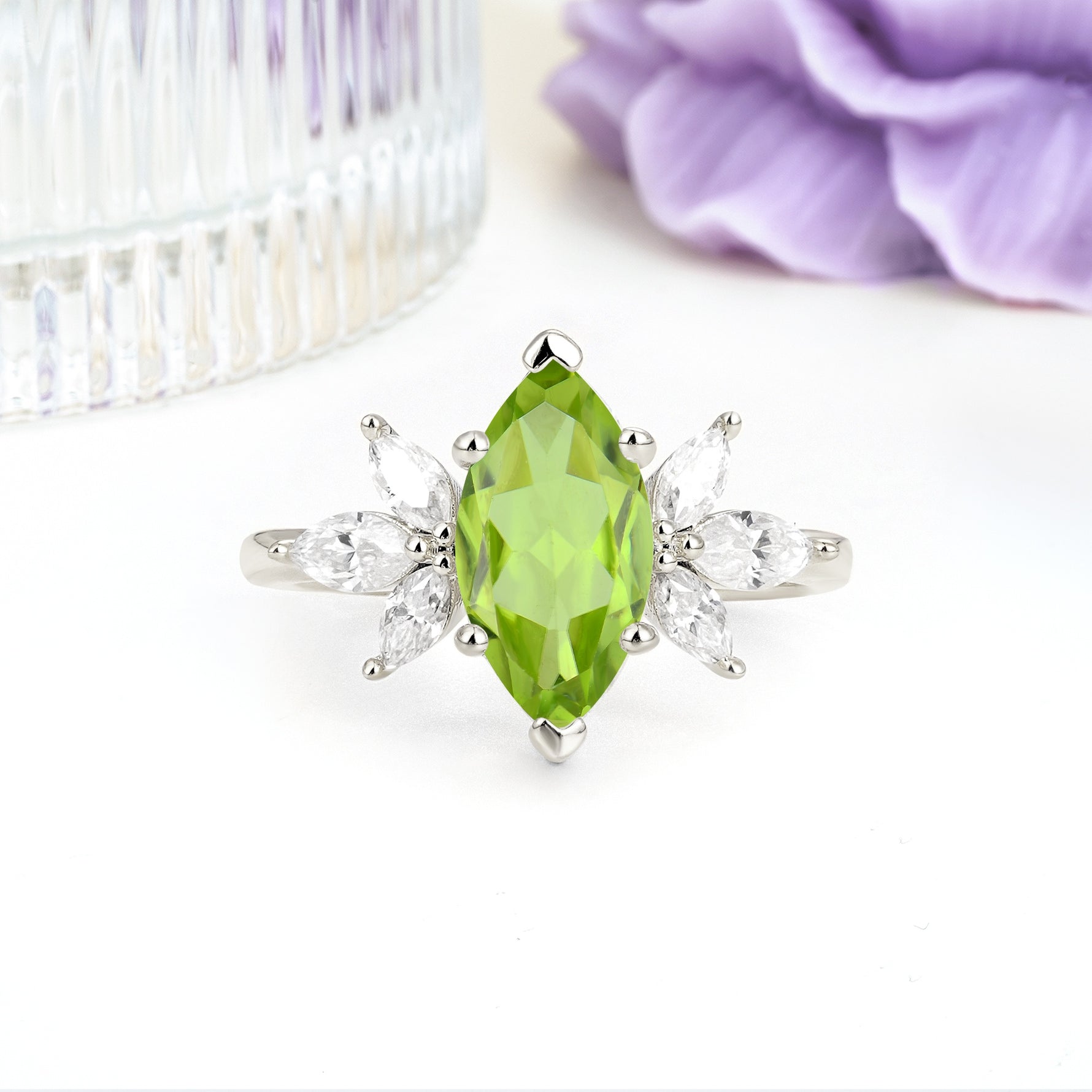 Large Marquise Center Solitaire Symmetric Three Marquise Cut Side PetalPeridot Engagement Ring - Additional view