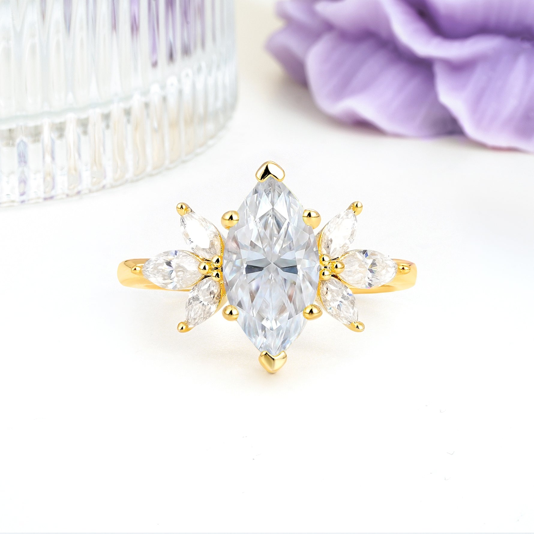 Large Marquise Center Solitaire Symmetric Three Marquise Cut Side PetalMoissanite Engagement Ring - Additional view