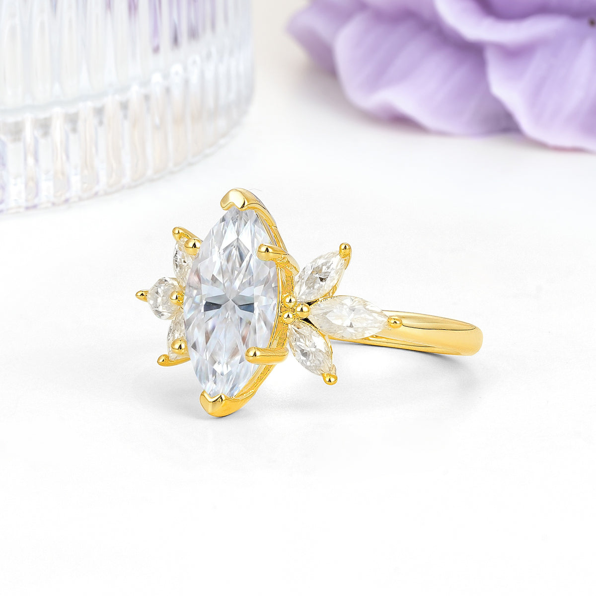 Large Marquise Center Solitaire Symmetric Three Marquise Cut Side PetalMoissanite Engagement Ring - Additional view