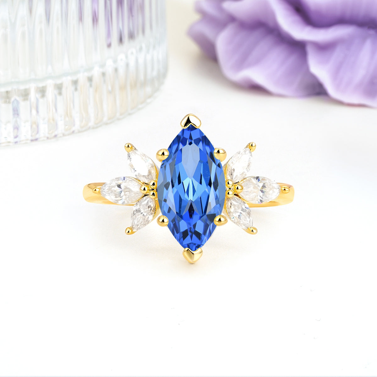 Large Marquise Center Solitaire Symmetric Three Marquise Cut Side PetalSapphire Engagement Ring - Additional view