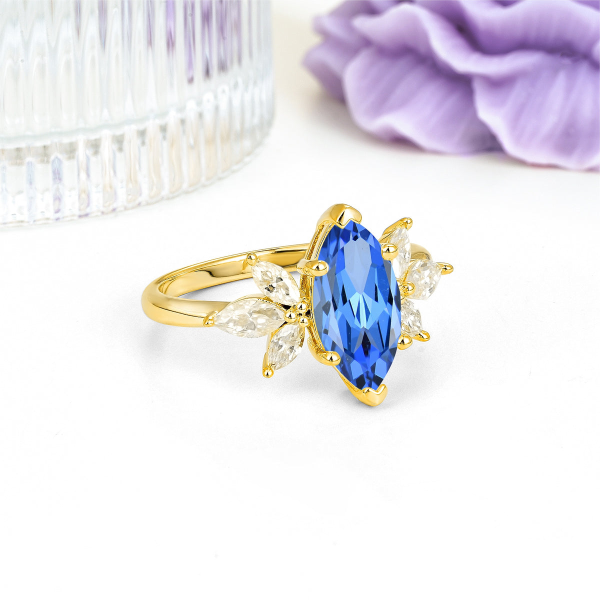 Large Marquise Center Solitaire Symmetric Three Marquise Cut Side PetalSapphire Engagement Ring - Additional view