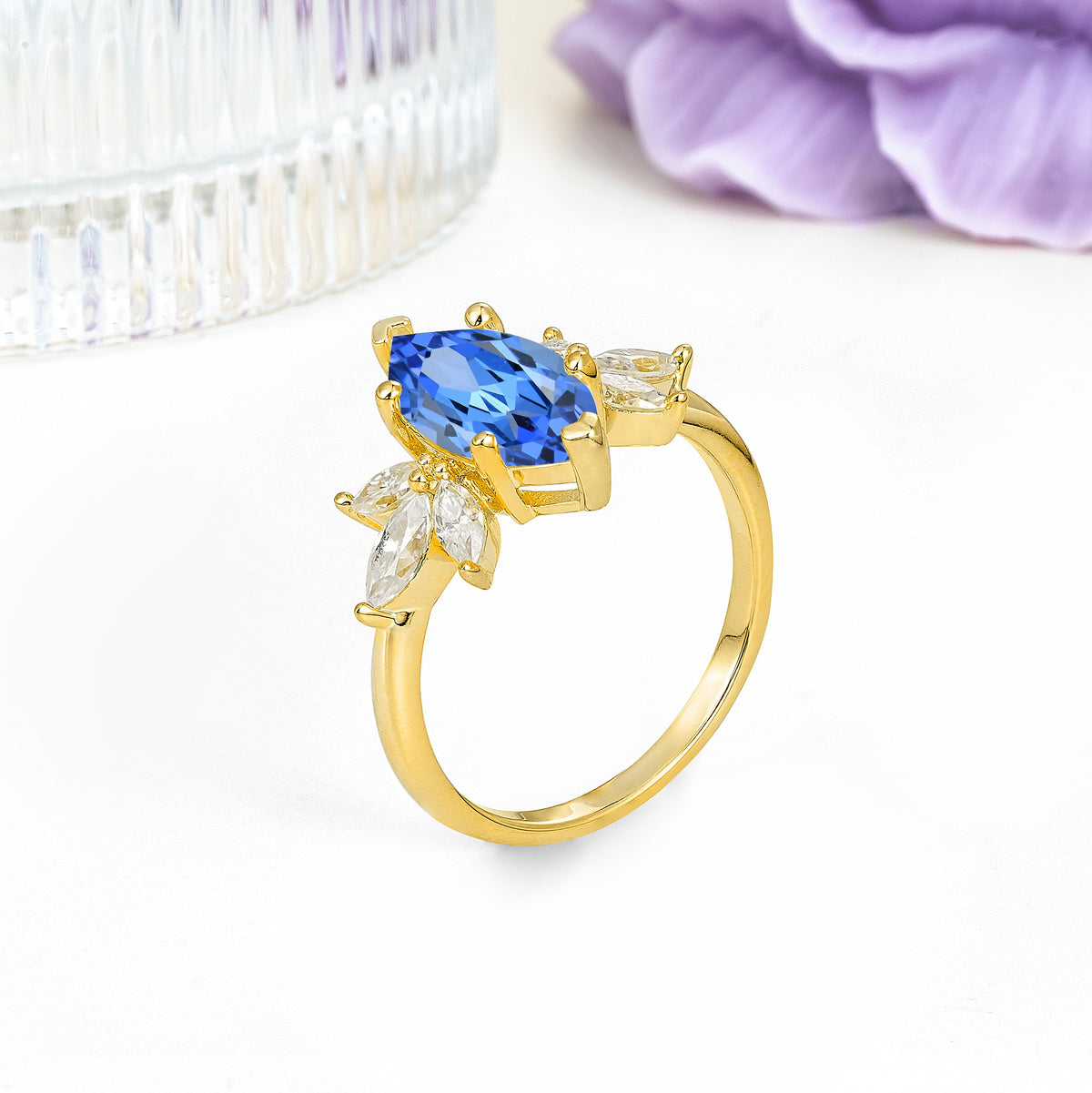 Large Marquise Center Solitaire Symmetric Three Marquise Cut Side PetalSapphire Engagement Ring - Additional view