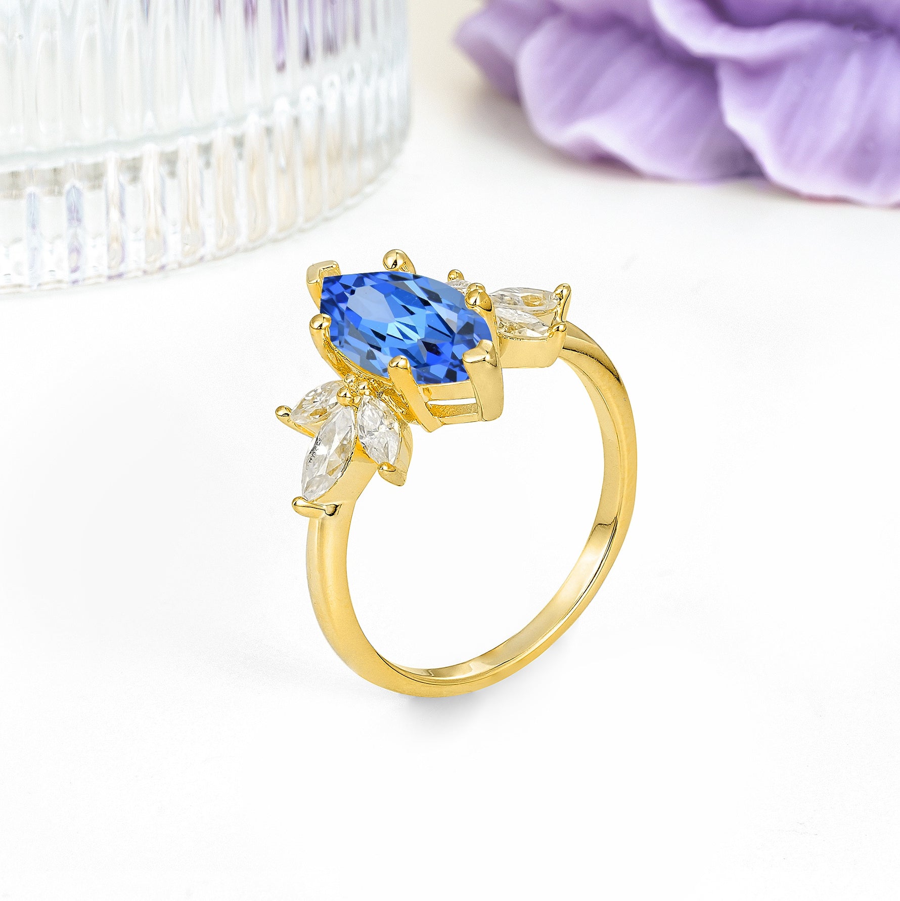 Large Marquise Center Solitaire Symmetric Three Marquise Cut Side PetalSapphire Engagement Ring - Additional view