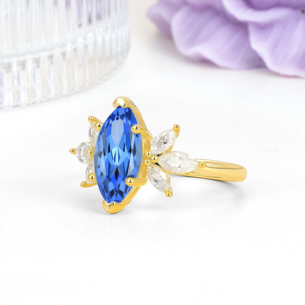 Large Marquise Center Solitaire Symmetric Three Marquise Cut Side PetalSapphire Engagement Ring - Additional view