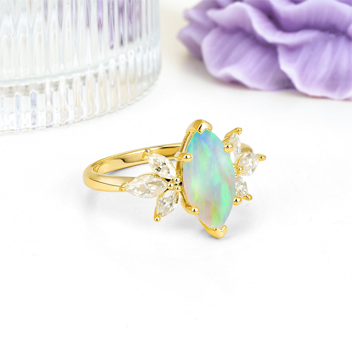 Large Marquise Center Solitaire Symmetric Three Marquise Cut Side PetalFire Opal Engagement Ring - Additional view
