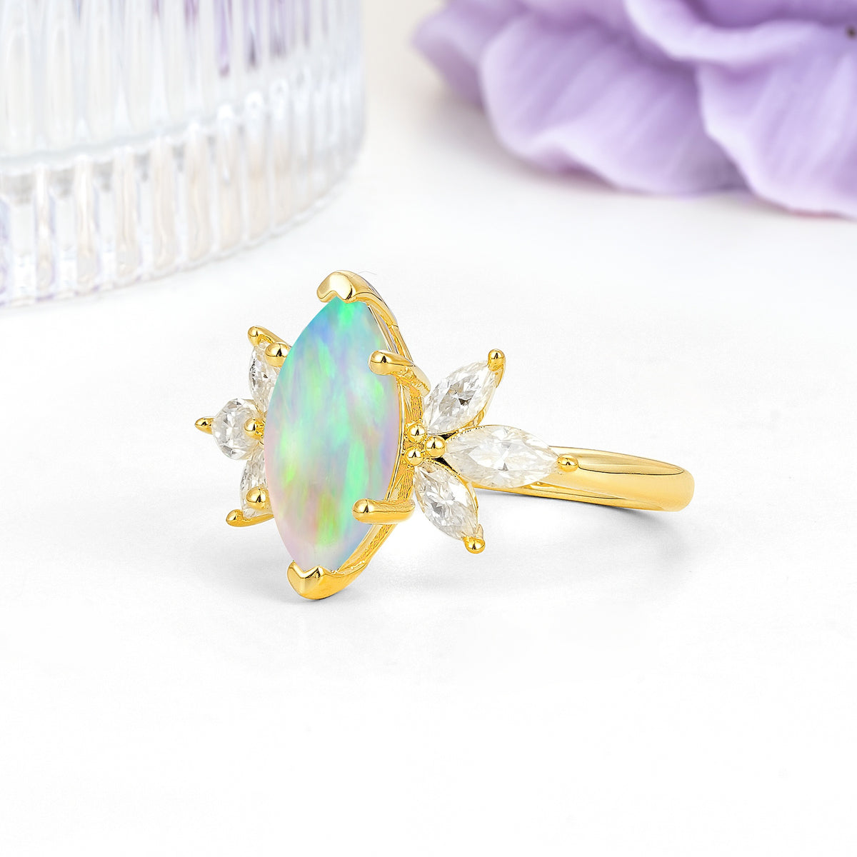 Large Marquise Center Solitaire Symmetric Three Marquise Cut Side PetalFire Opal Engagement Ring - Additional view