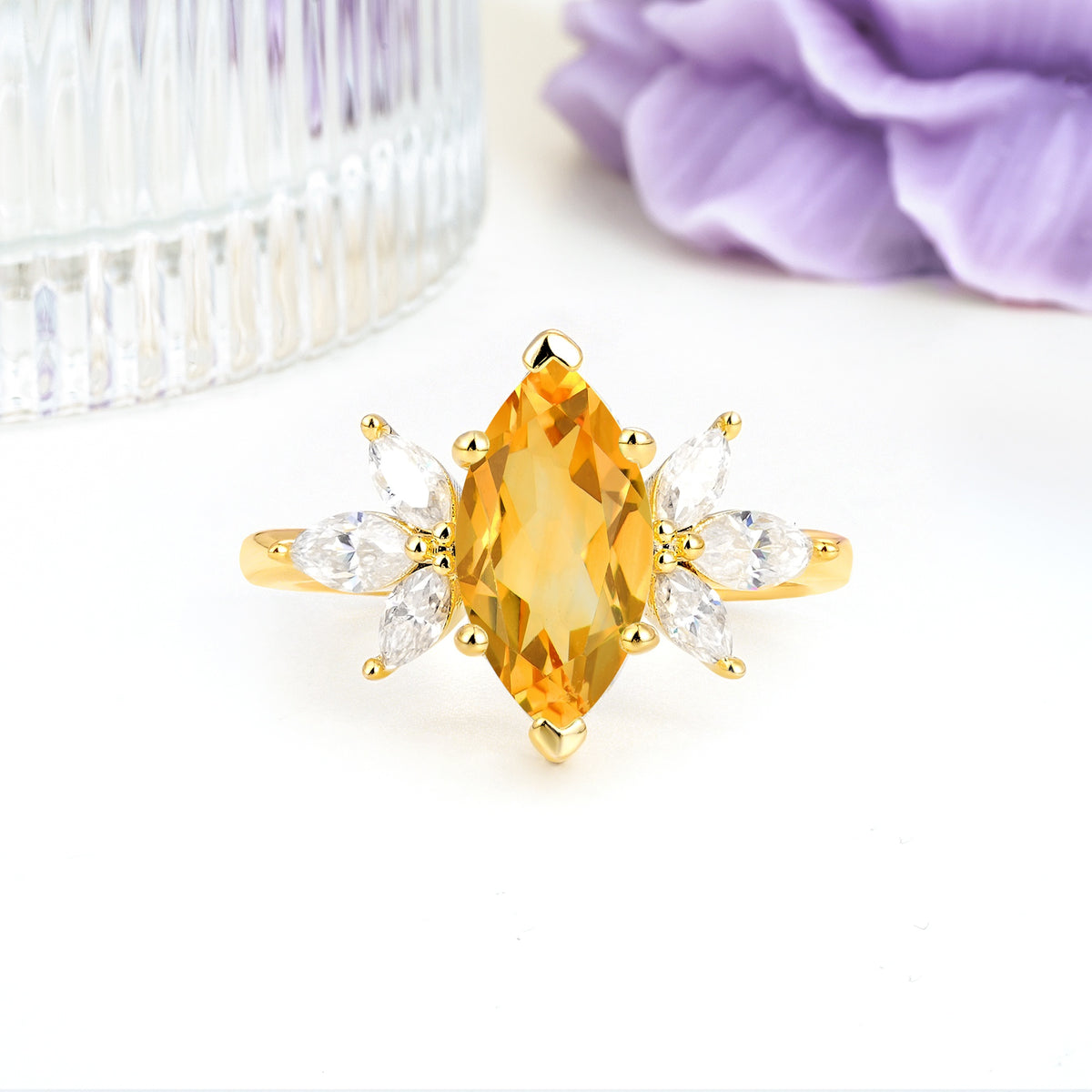 Large Marquise Center Solitaire Symmetric Three Marquise Cut Side PetalCitrine Engagement Ring - Additional view