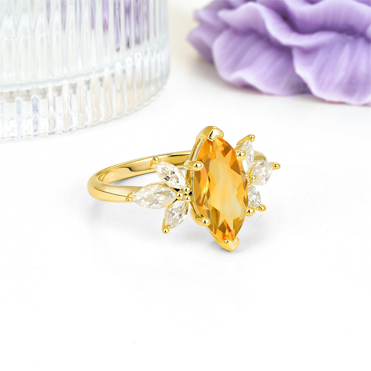Large Marquise Center Solitaire Symmetric Three Marquise Cut Side PetalCitrine Engagement Ring - Additional view