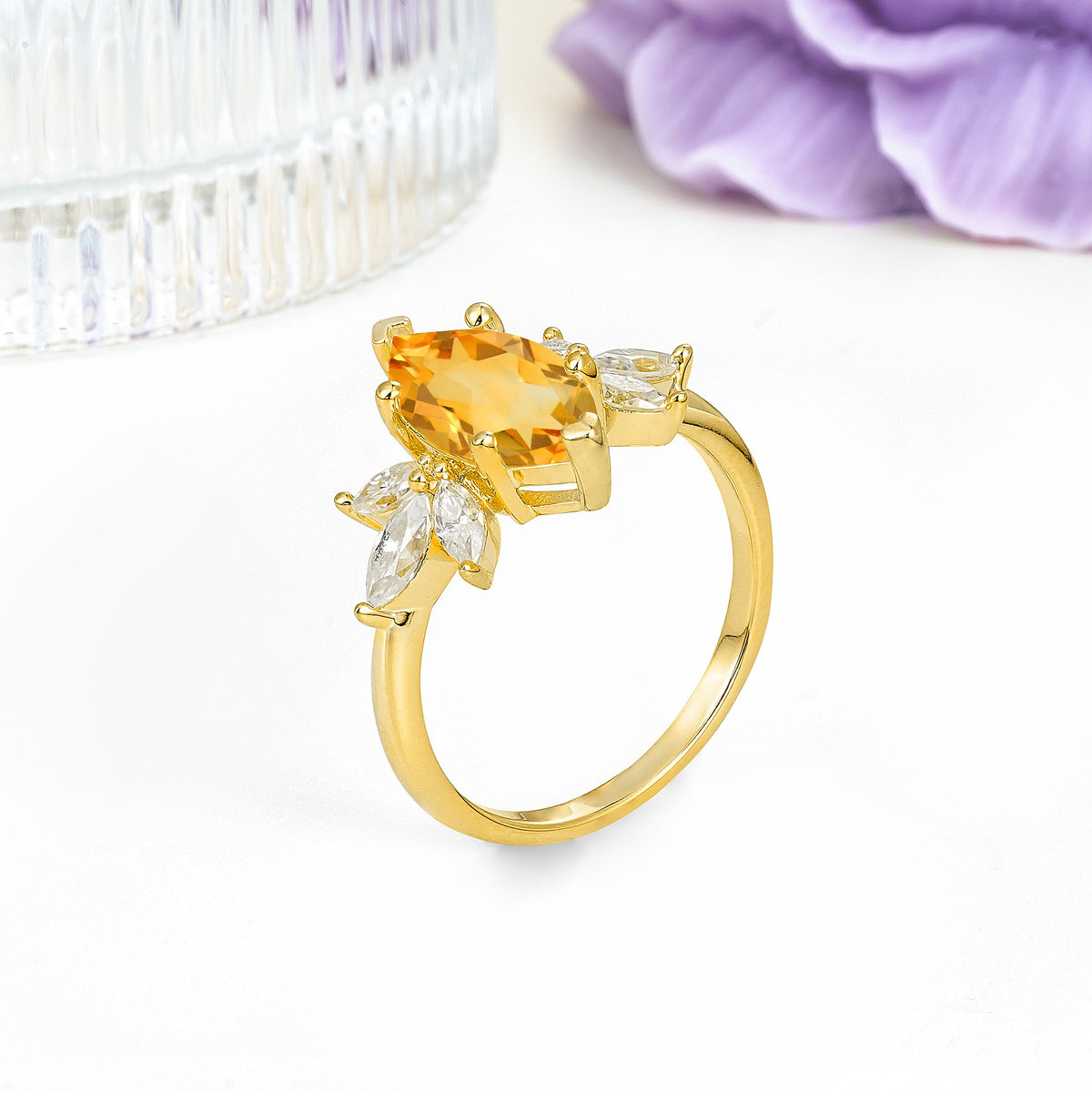 Large Marquise Center Solitaire Symmetric Three Marquise Cut Side PetalCitrine Engagement Ring - Additional view