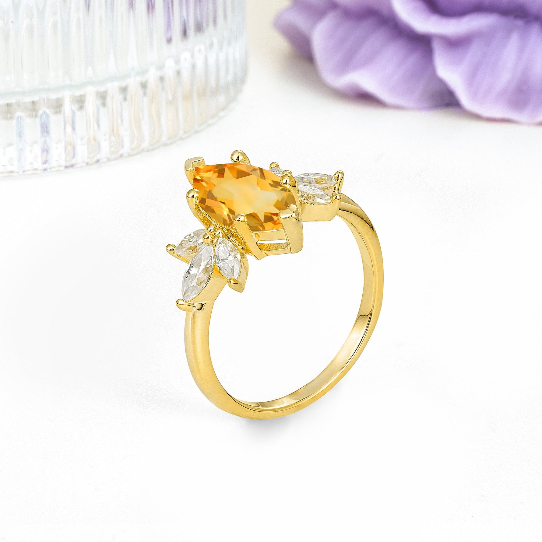 Large Marquise Center Solitaire Symmetric Three Marquise Cut Side PetalCitrine Engagement Ring - Additional view