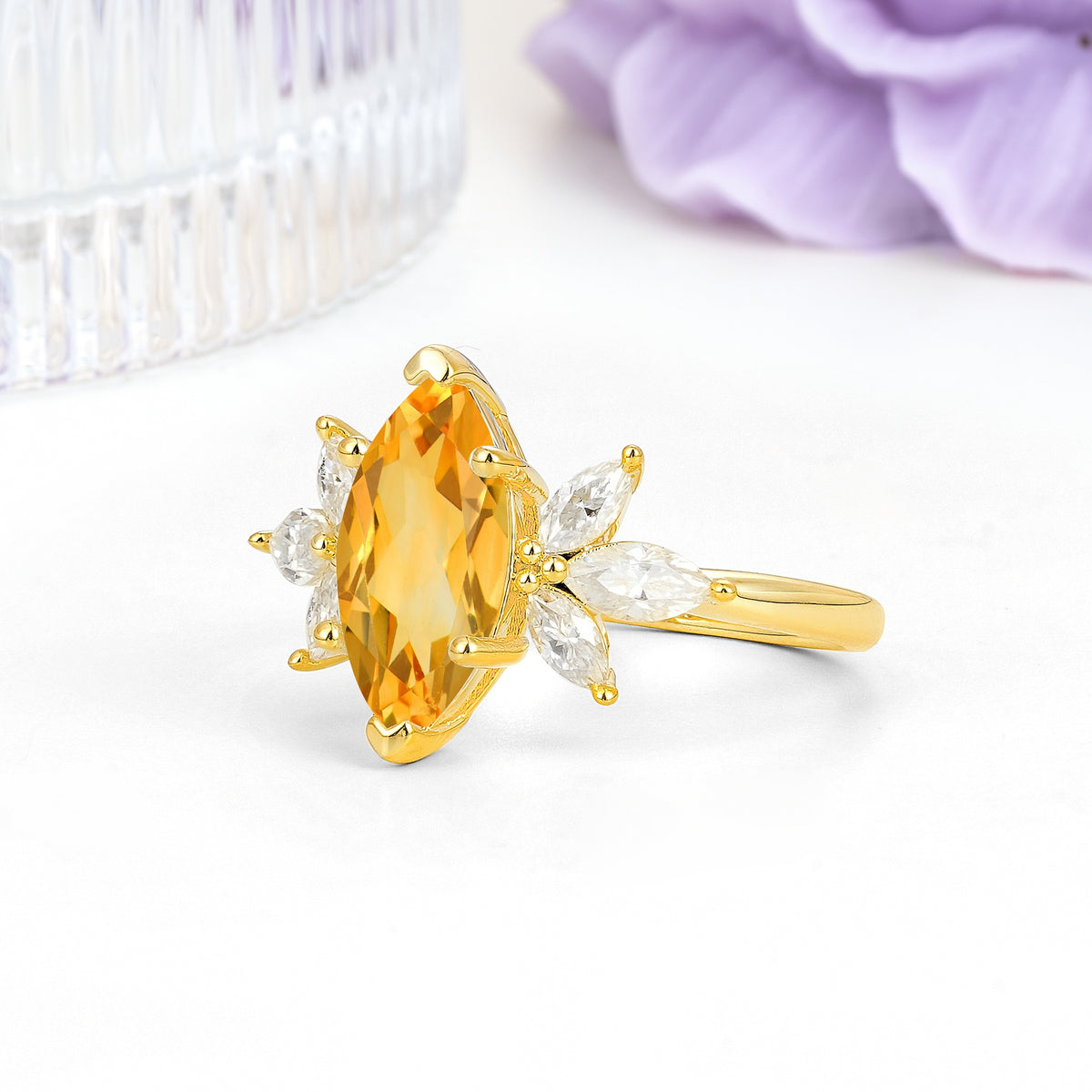 Large Marquise Center Solitaire Symmetric Three Marquise Cut Side PetalCitrine Engagement Ring - Additional view
