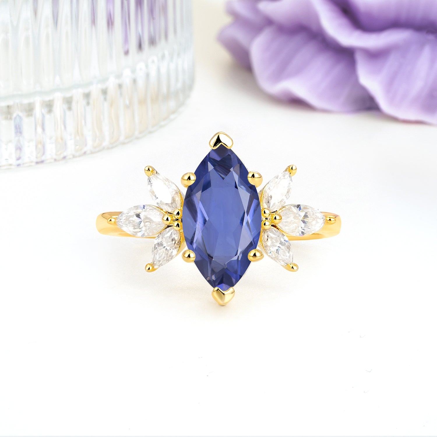 Large Marquise Center Solitaire Symmetric Three Marquise Cut Side PetalTanzanite Engagement Ring - Additional view