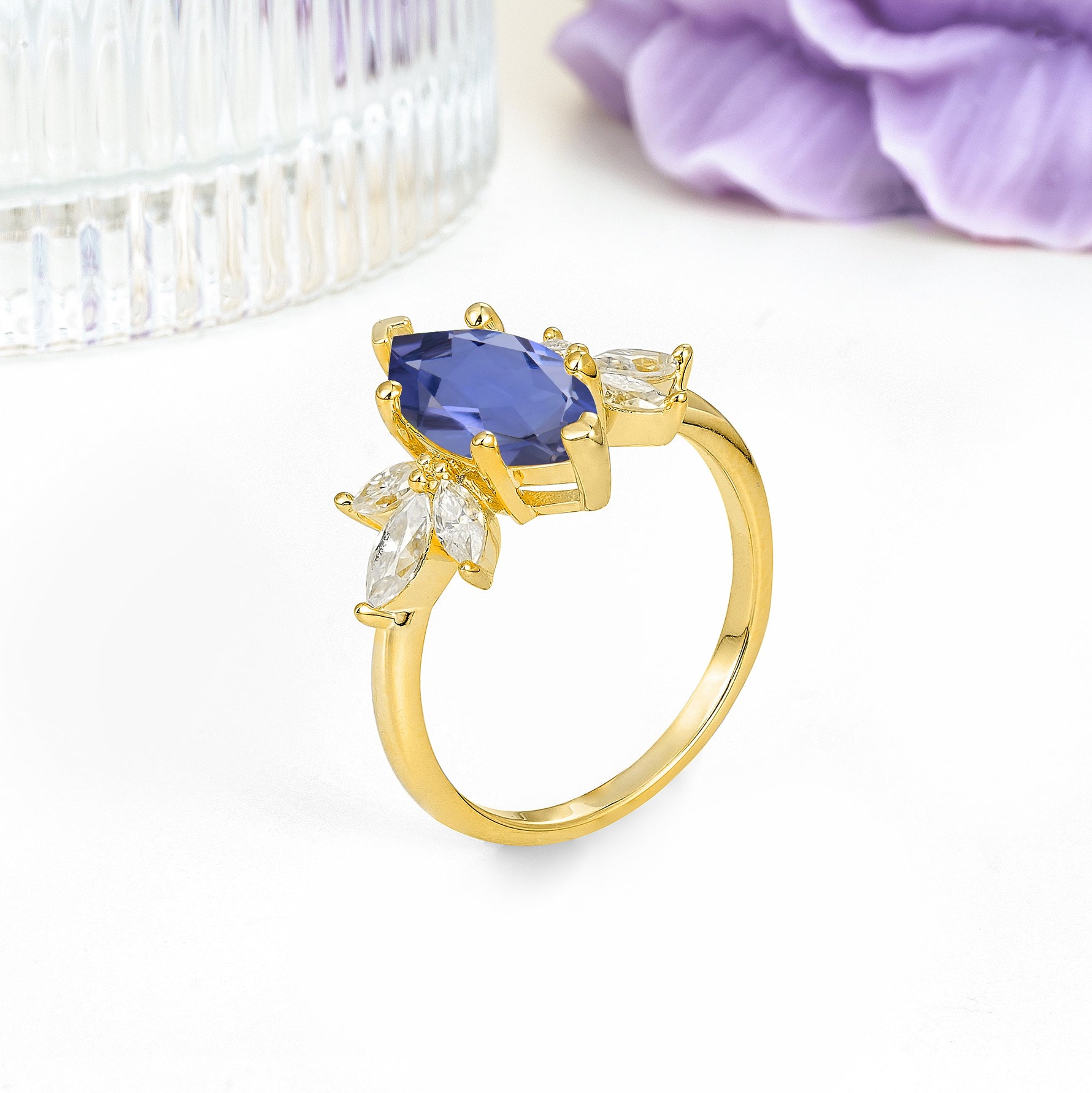 Large Marquise Center Solitaire Symmetric Three Marquise Cut Side PetalTanzanite Engagement Ring - Additional view