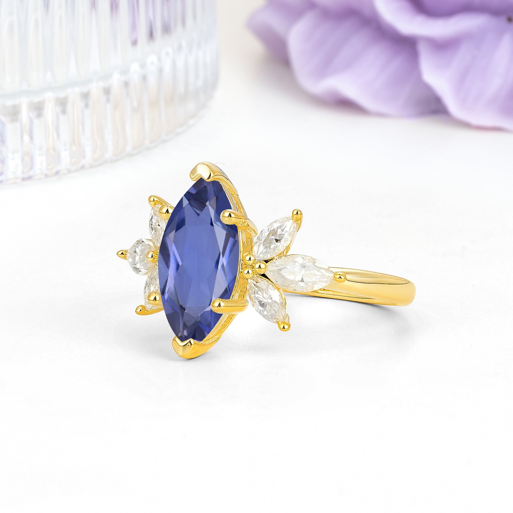 Large Marquise Center Solitaire Symmetric Three Marquise Cut Side PetalTanzanite Engagement Ring - Additional view