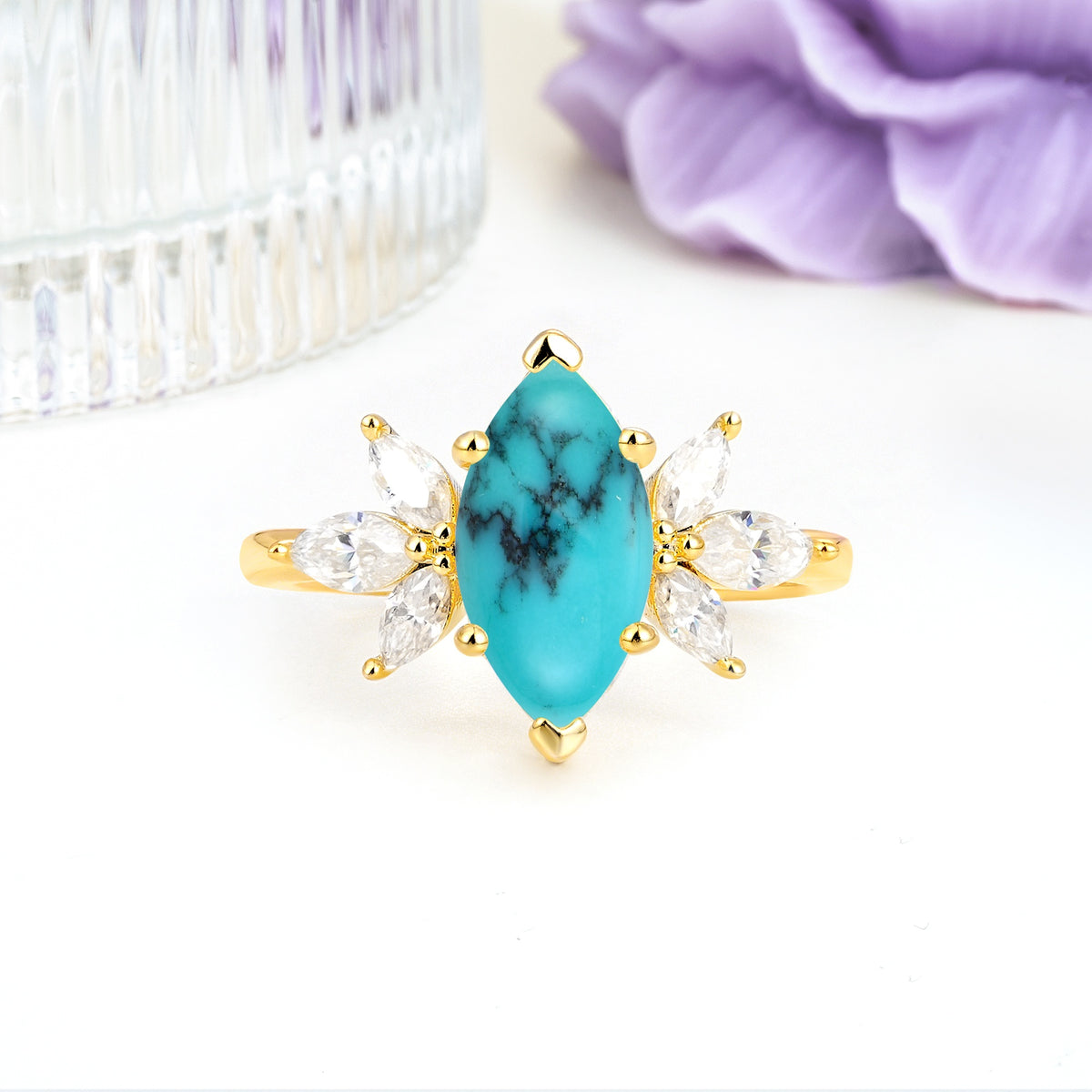 Large Marquise Center Solitaire Symmetric Three Marquise Cut Side PetalTurquoise Engagement Ring - Additional view