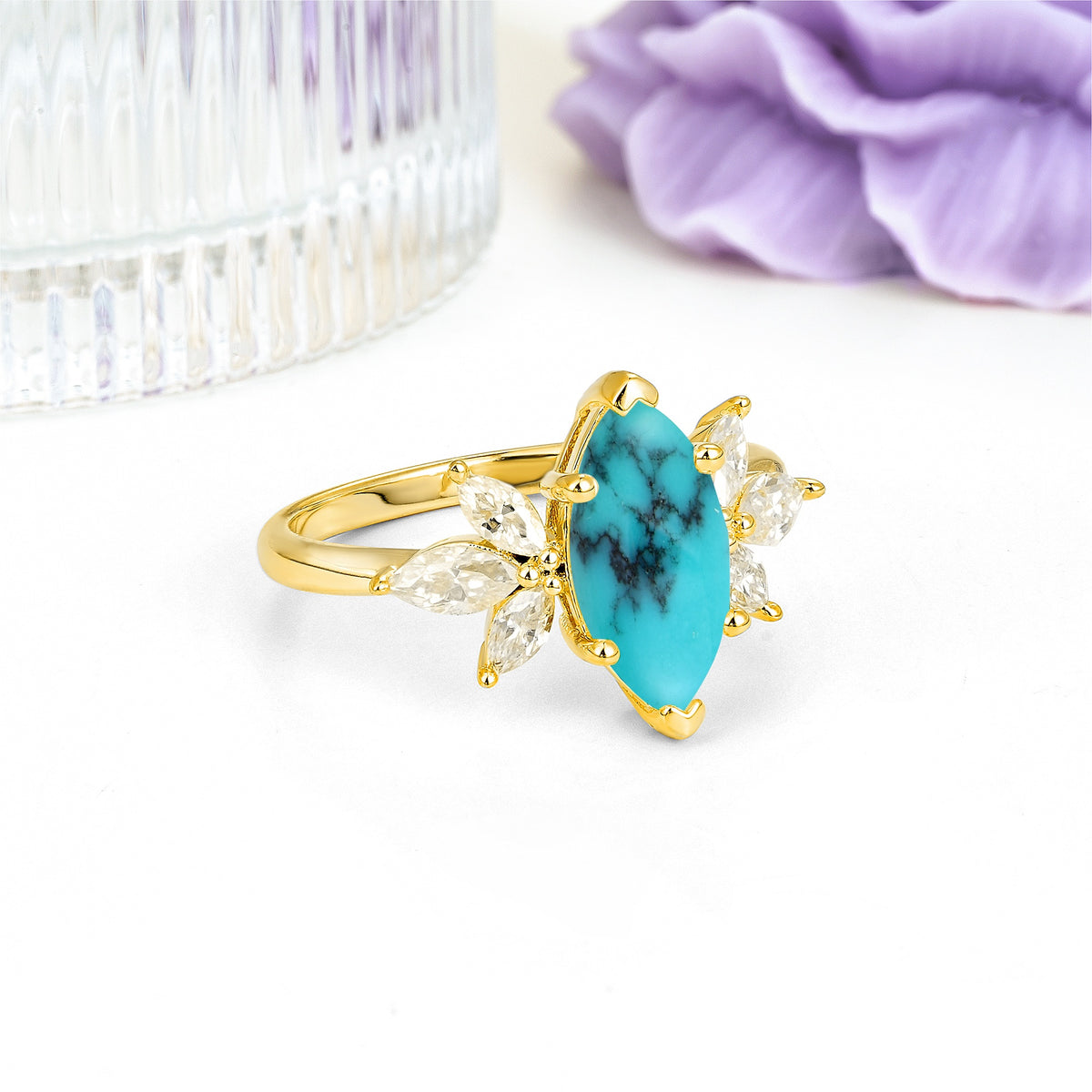 Large Marquise Center Solitaire Symmetric Three Marquise Cut Side PetalTurquoise Engagement Ring - Additional view