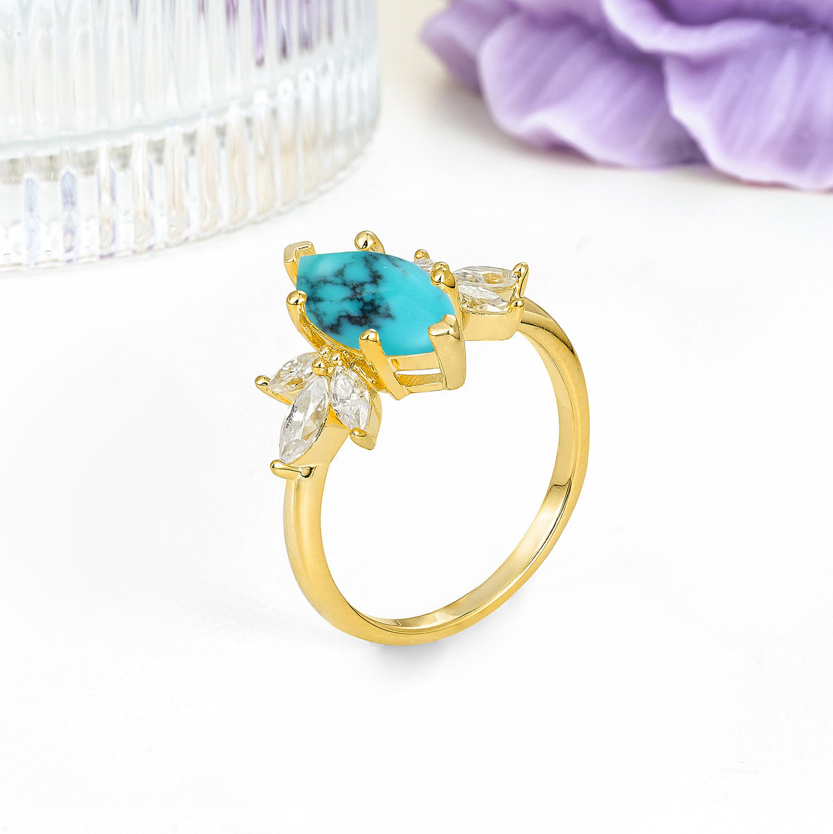 Large Marquise Center Solitaire Symmetric Three Marquise Cut Side PetalTurquoise Engagement Ring - Additional view