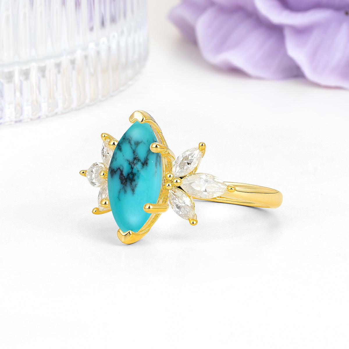 Large Marquise Center Solitaire Symmetric Three Marquise Cut Side PetalTurquoise Engagement Ring - Additional view