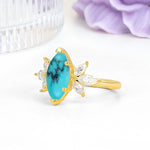 Large Marquise Center Solitaire Symmetric Three Marquise Cut Side PetalTurquoise Engagement Ring - Additional view