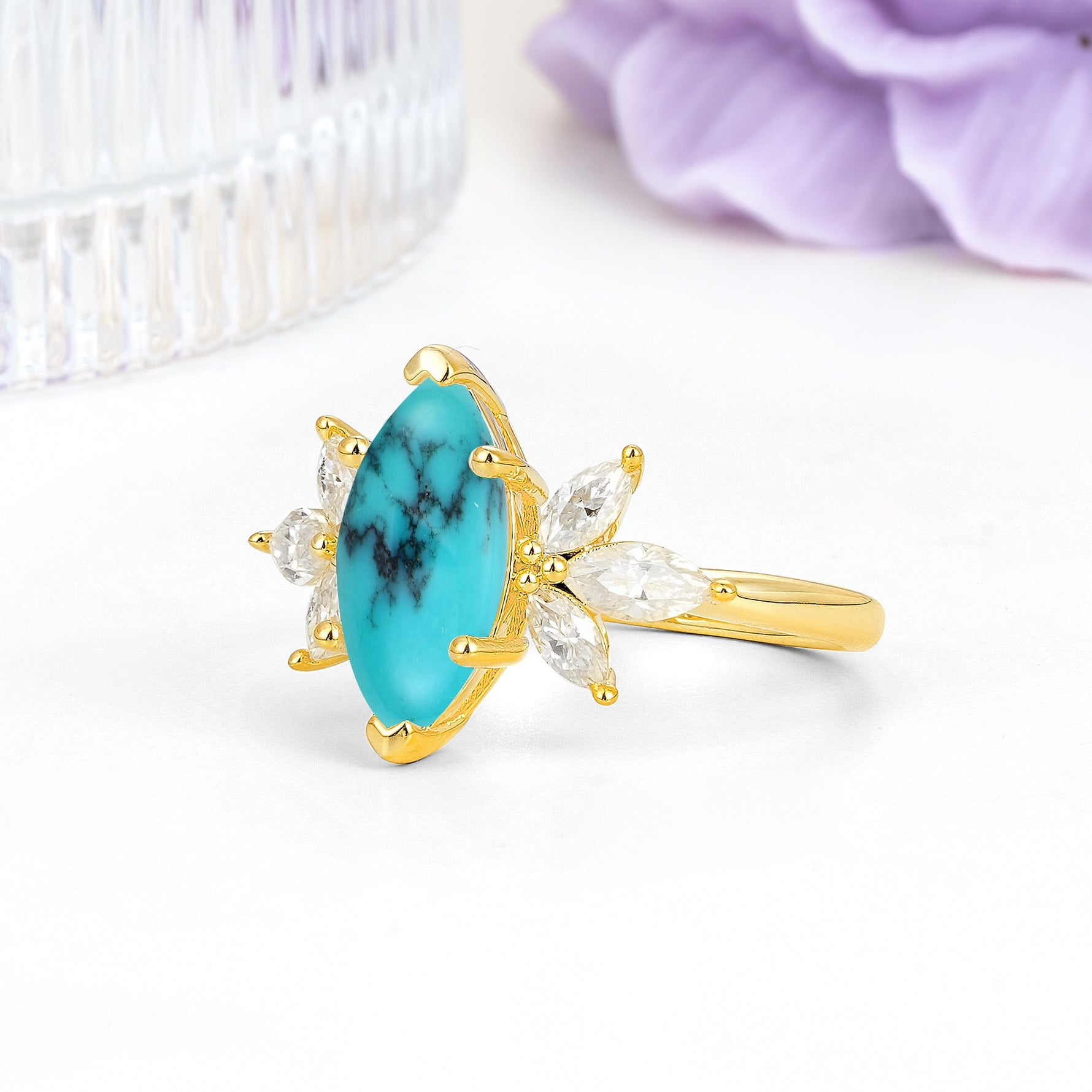 Large Marquise Center Solitaire Symmetric Three Marquise Cut Side PetalTurquoise Engagement Ring - Additional view