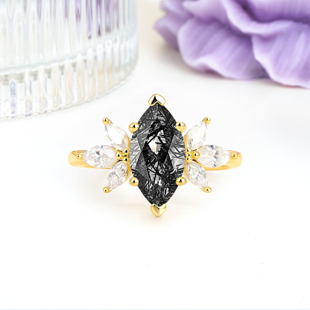 Large Marquise Center Solitaire Symmetric Three Marquise Cut Side PetalBlack Rutilated Quartz Engagement Ring - Additional view