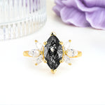 Large Marquise Center Solitaire Symmetric Three Marquise Cut Side PetalBlack Rutilated Quartz Engagement Ring - Additional view