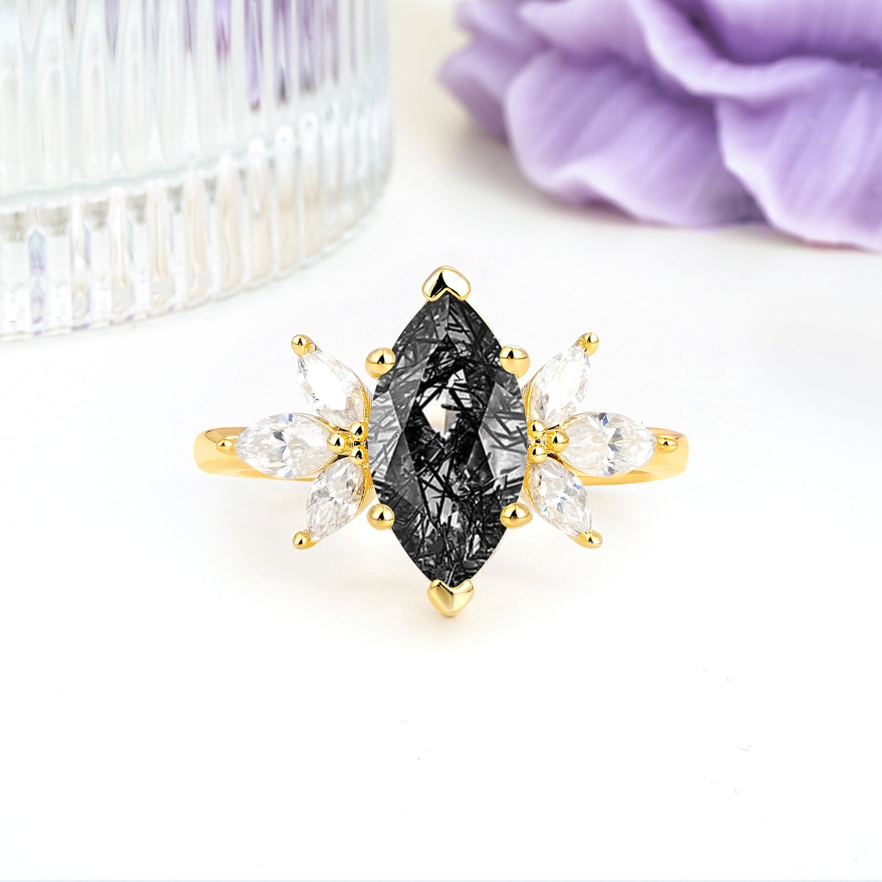 Large Marquise Center Solitaire Symmetric Three Marquise Cut Side PetalBlack Rutilated Quartz Engagement Ring - Additional view