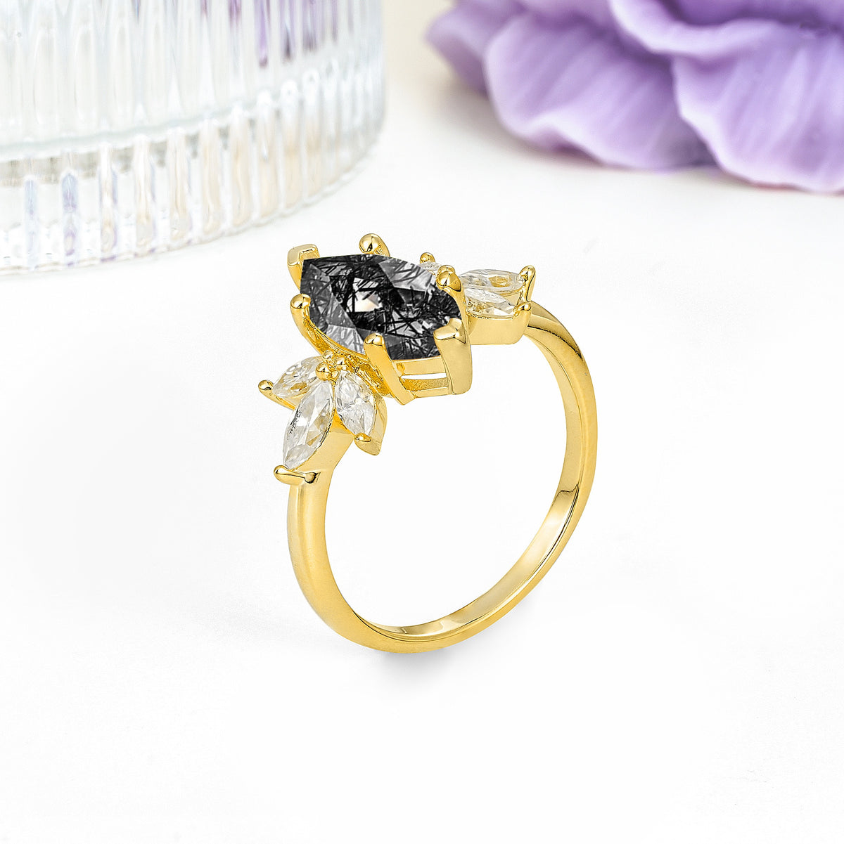 Large Marquise Center Solitaire Symmetric Three Marquise Cut Side PetalBlack Rutilated Quartz Engagement Ring - Additional view