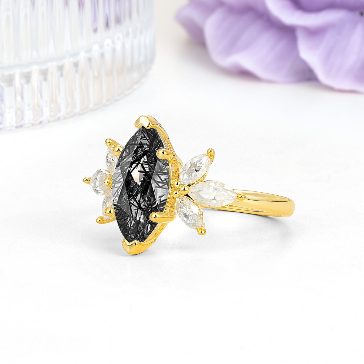 Large Marquise Center Solitaire Symmetric Three Marquise Cut Side PetalBlack Rutilated Quartz Engagement Ring - Additional view