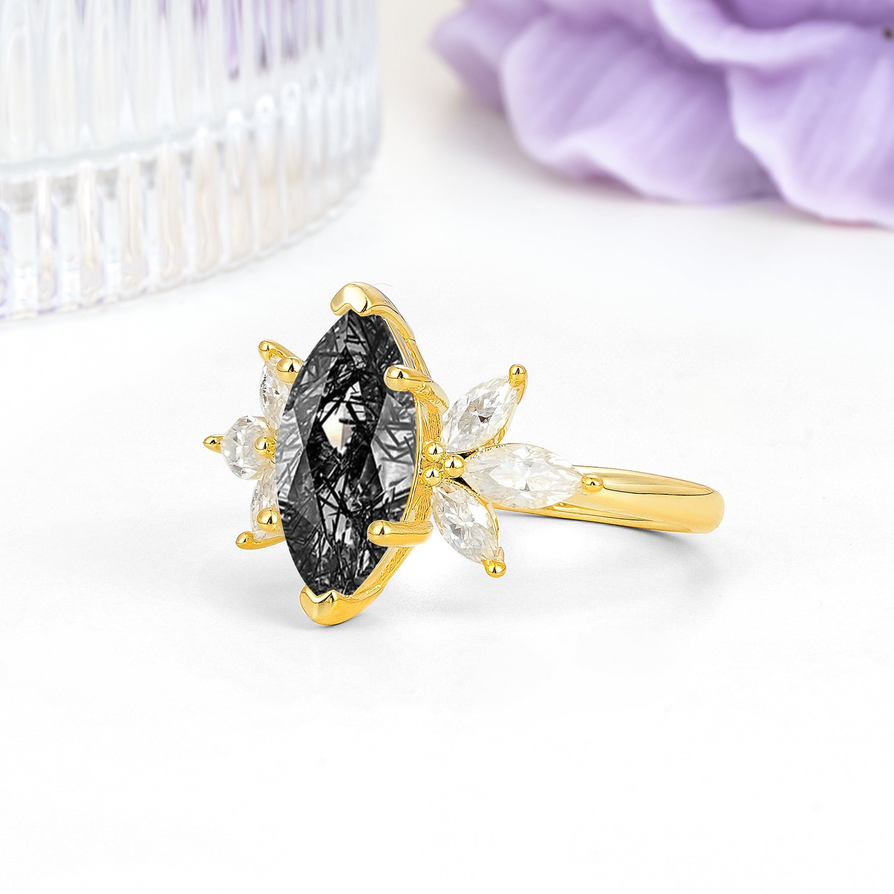 Large Marquise Center Solitaire Symmetric Three Marquise Cut Side PetalBlack Rutilated Quartz Engagement Ring - Additional view